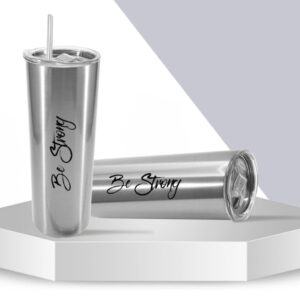 Termo Vaso Alto de Acero Inoxidable con Popote – Plateado